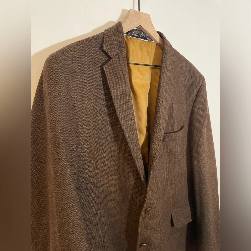 Lands End Wool Blend Brown Herringbone Suit Sport Coat Jacket Blazer Size 44R